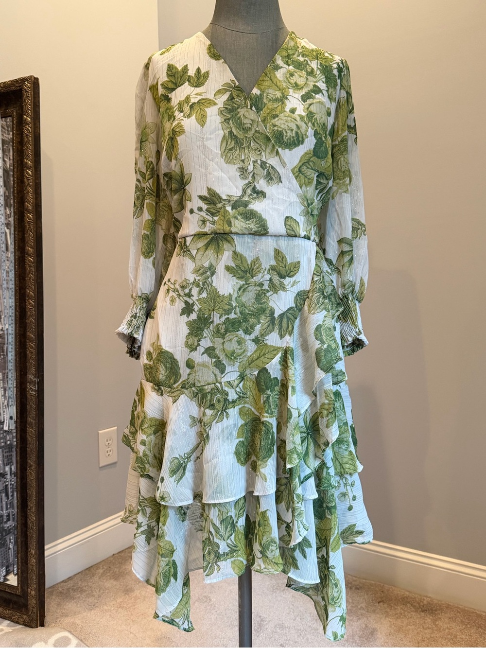 Maison Tara White Dress with Green Floral Print